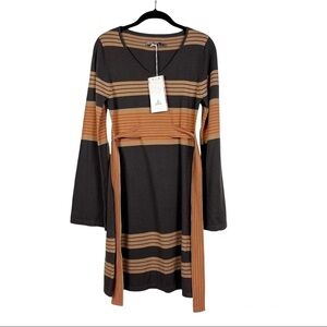 Prana Brown Striped Sydney Bell Sleeve Belted Knit V-Neck Sweater Dress 
Size XS
